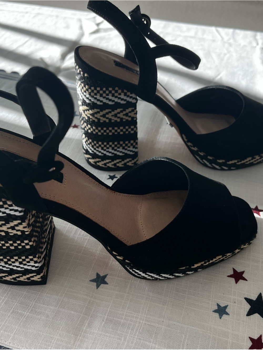 Topshop Black Platform Block Heels with Woven Contrast in Really Nice Condition